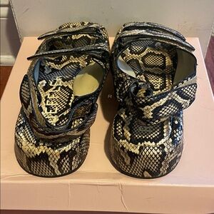 Loeffler Randall Black and Cream Snake Print Sandals Blaise- Sahara